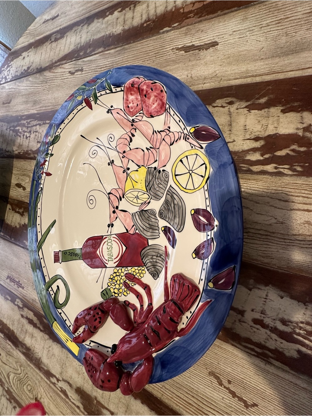 Hand-Painted Seafood Platter with Lobster and Lemon Motif - Blue, Red, Yellow